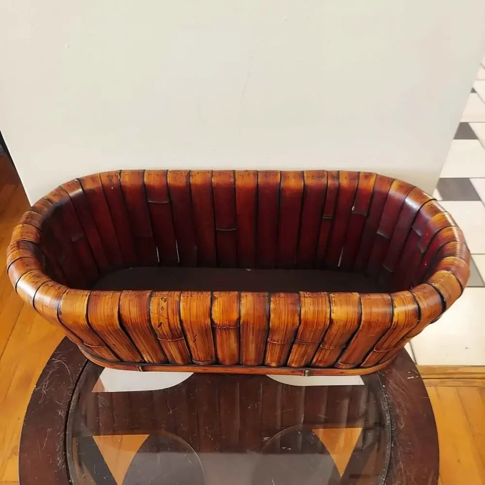 Vintage Mid Century Italian Rattan Bamboo & Wood Planter or Centerpiece Basket